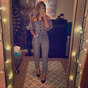 Buffalo plaid off shoulder jumpsuit